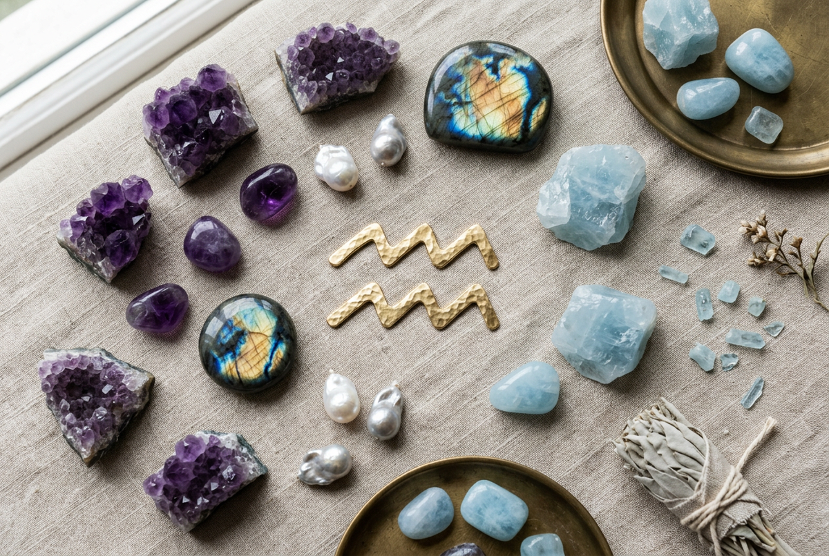 Aquarius zodiac water-bearer symbol with amethyst, iridescent labradorite, aquamarine and baroque pearls on linen, representing the birthstones of Aquarius