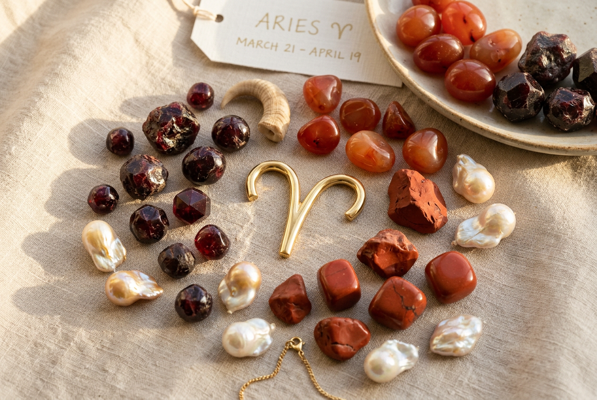 The Aries zodiac ram symbol alongside deep red garnet, warm carnelian, red jasper stones and baroque pearls on a soft neutral surface, representing the birthstones and jewellery of Aries