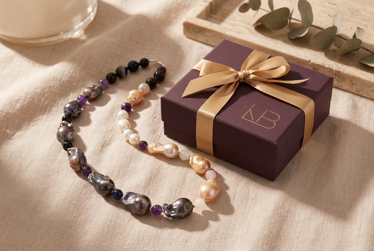 Handmade baroque pearl and gemstone necklace lying flat next to an elegant gift box on linen, natural light