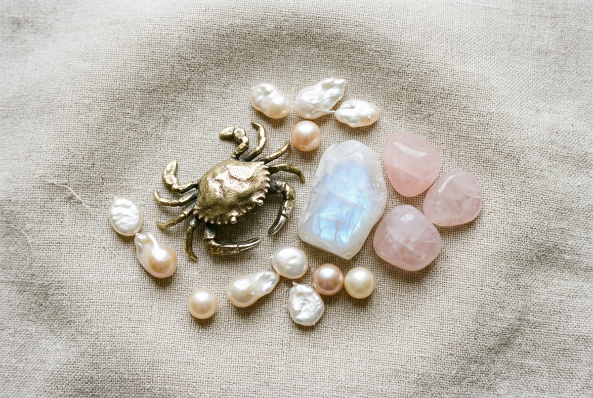 The Cancer zodiac crab symbol alongside moonstone with a soft blue sheen, rose quartz and cream baroque pearls on soft linen, representing the birthstones and jewellery of Cancer