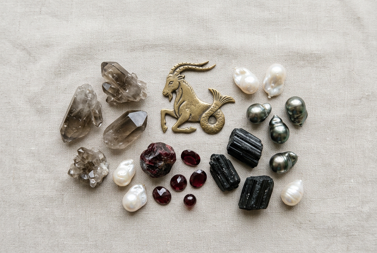 Capricorn zodiac sea-goat symbol with smoky quartz, deep red garnet, black tourmaline and baroque pearls on linen, representing the birthstones of Capricorn