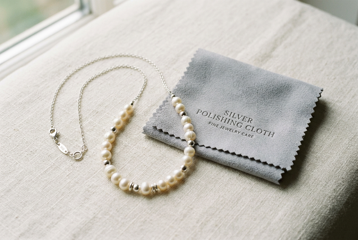 A silver polishing cloth laid next to a sterling silver pearl necklace on linen, soft natural daylight