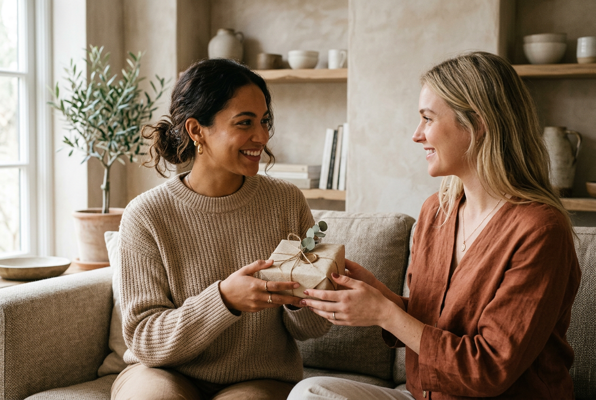 Two women sharing a gift-giving moment, one presenting a small wrapped present to the other, warm natural light