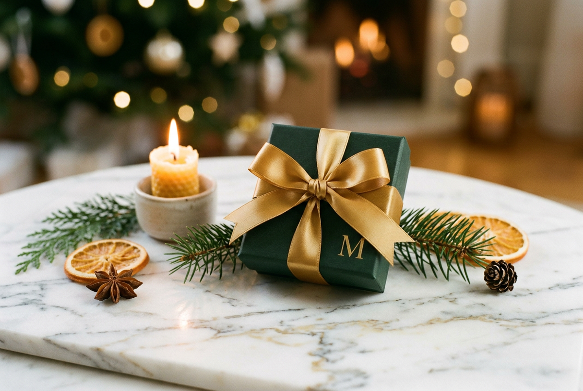 A beautifully wrapped jewellery gift box with satin ribbon on white marble, pine sprigs and dried orange, warm Christmas atmosphere