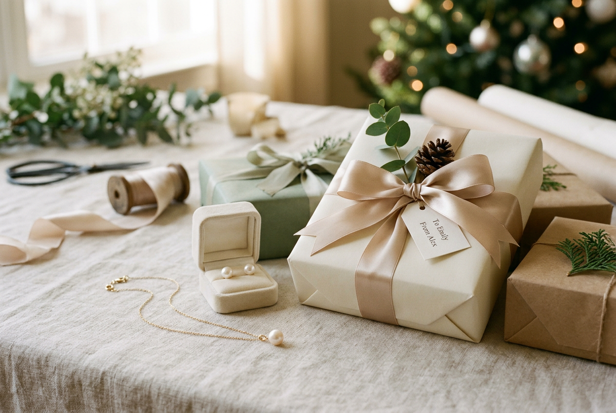A pearl necklace and jewellery box beside elegantly wrapped Christmas gifts with satin ribbon, styled as a luxury jewellery gift idea