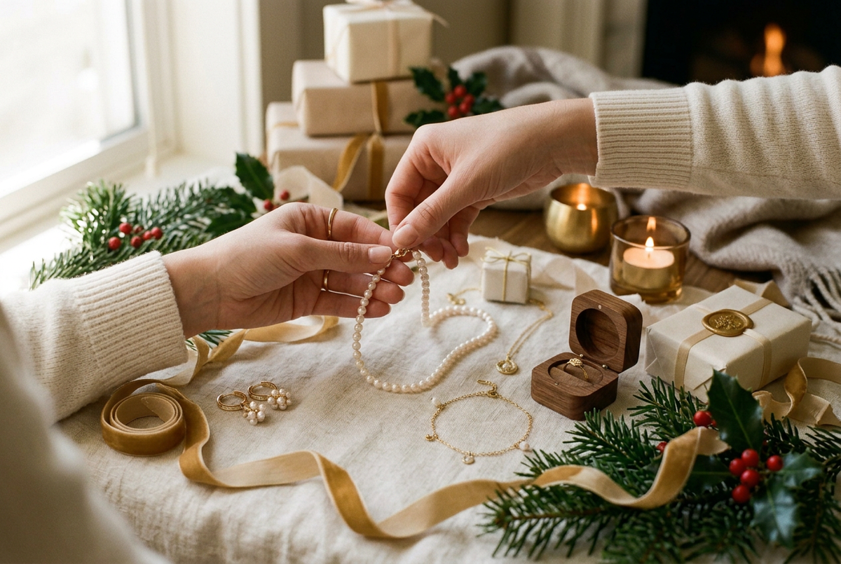 Hands choosing a pearl necklace from a selection of jewellery pieces, surrounded by pine branches, red berries and gold ribbon for a festive Christmas gift guide feel
