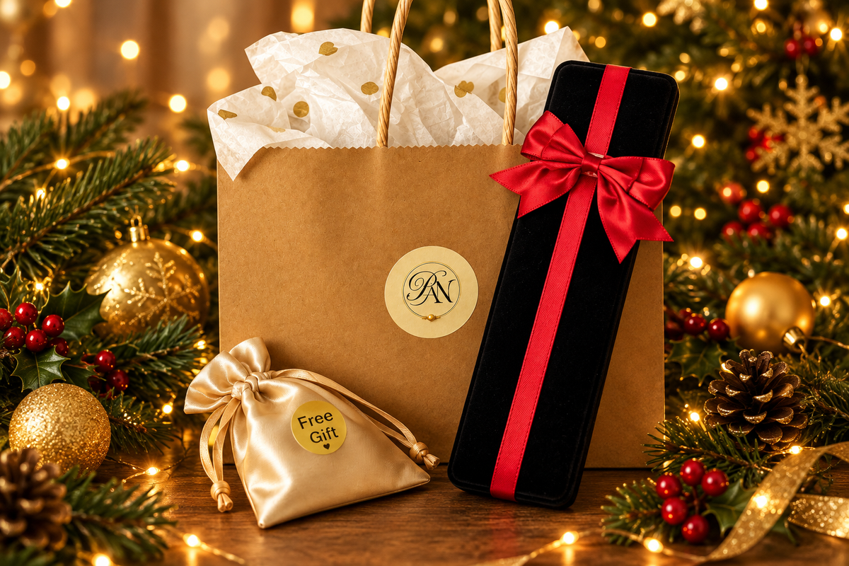 Pearl Art Nature gift packaging with kraft bag, black velvet jewellery box with red ribbon, and champagne satin pouch in a festive Christmas setting