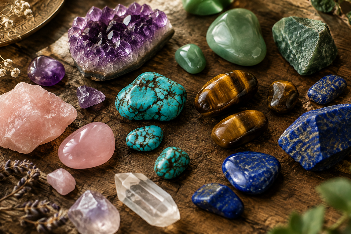 A collection of natural gemstones including labradorite, turquoise, garnet and amethyst arranged on a neutral surface in soft natural light