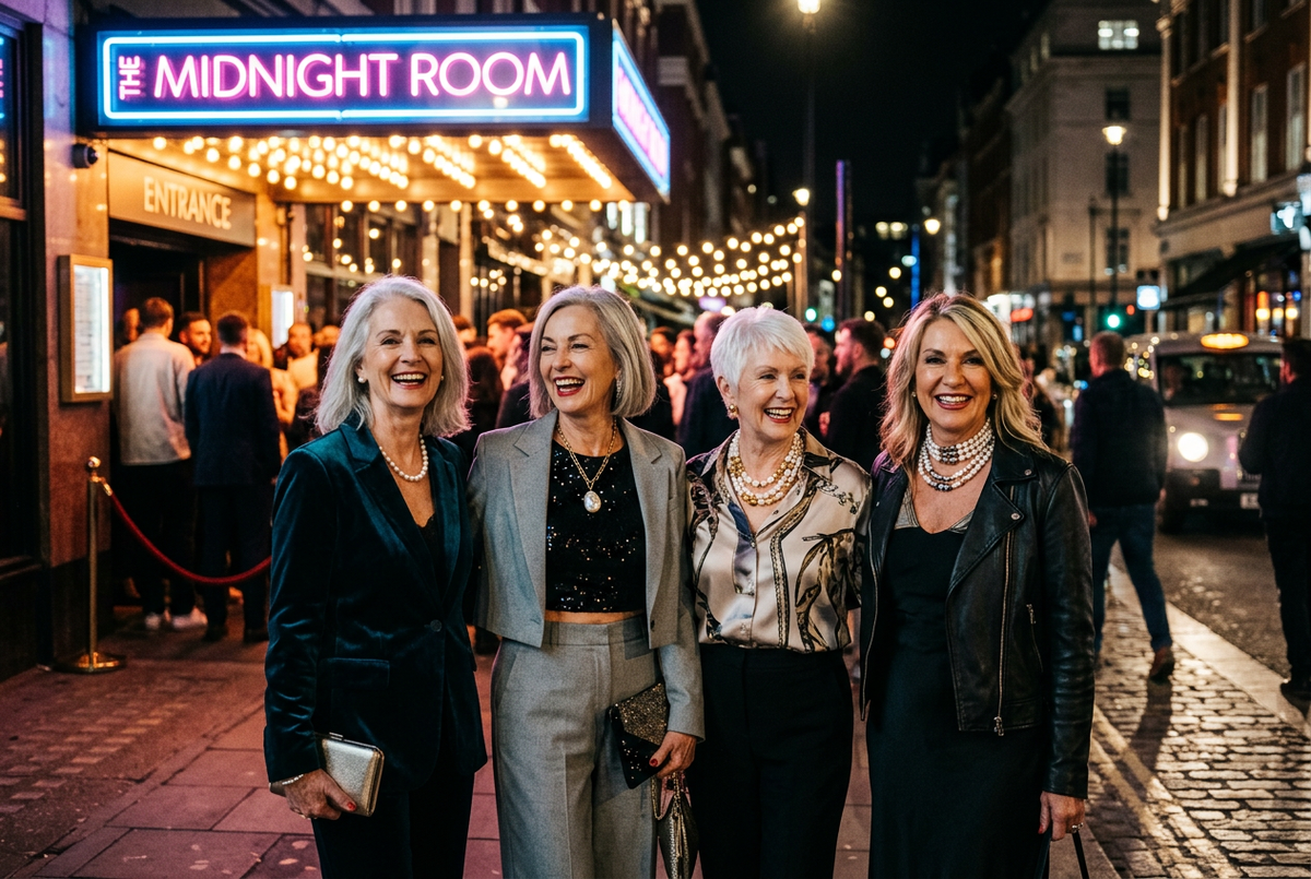 Group of stylish older women outside a nightclub, each wearing a different style of pearl necklace — classic strand, baroque pendant and layered modern design