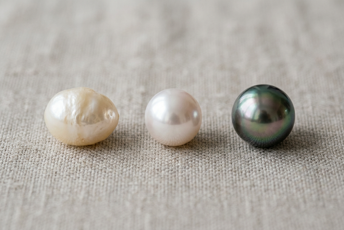 Three pearls side by side on linen — creamy white baroque, bright round white, and dark peacock Tahitian pearl, soft natural light