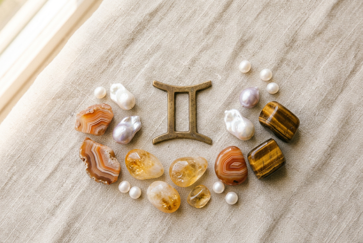 The Gemini zodiac twins symbol alongside warm citrine, banded agate and tiger's eye stones with soft white and lavender baroque pearls on linen, representing the birthstones and jewellery of Gemini