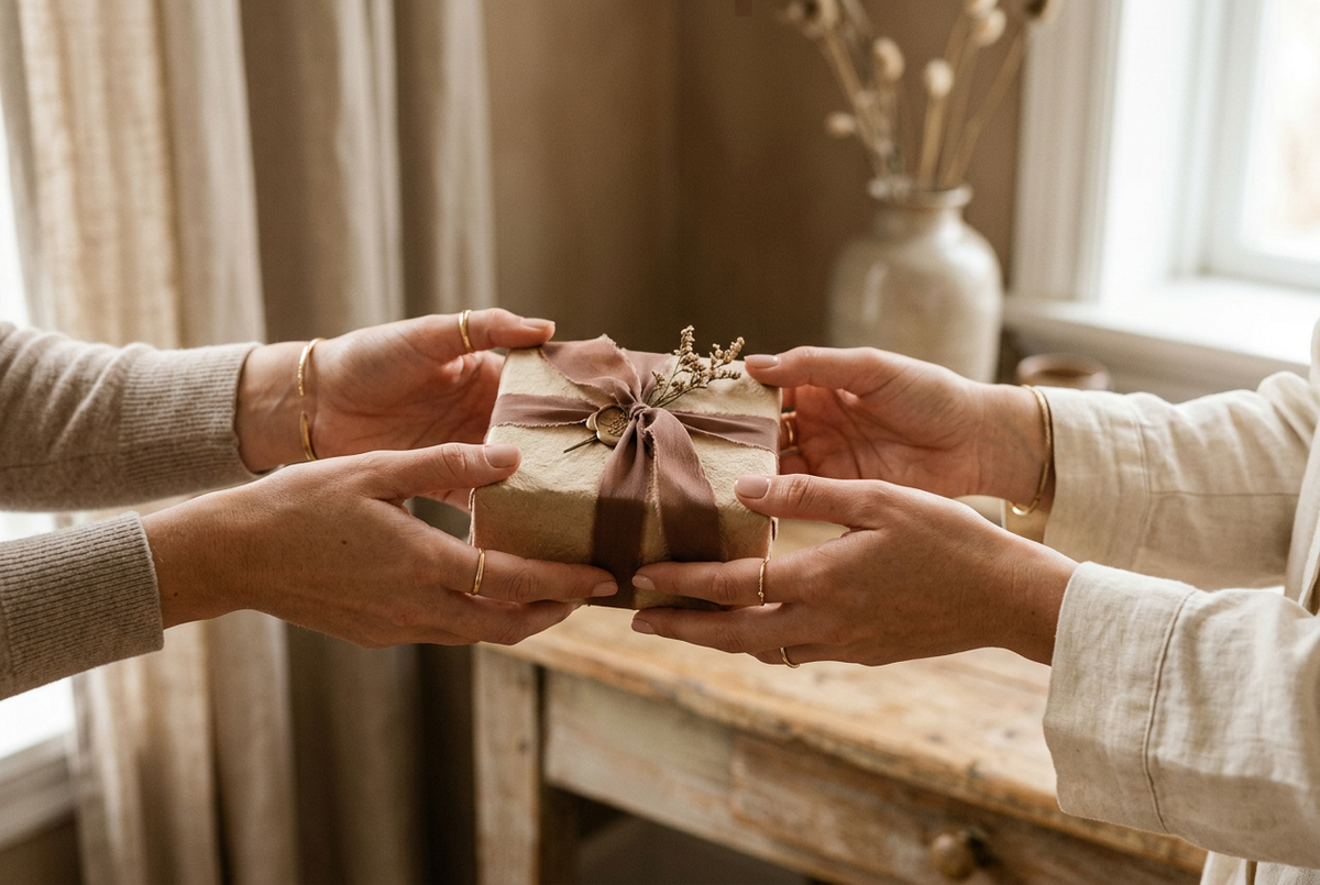 Close-up of two pairs of hands exchanging a beautifully wrapped gift, soft natural light, warm earthy tones