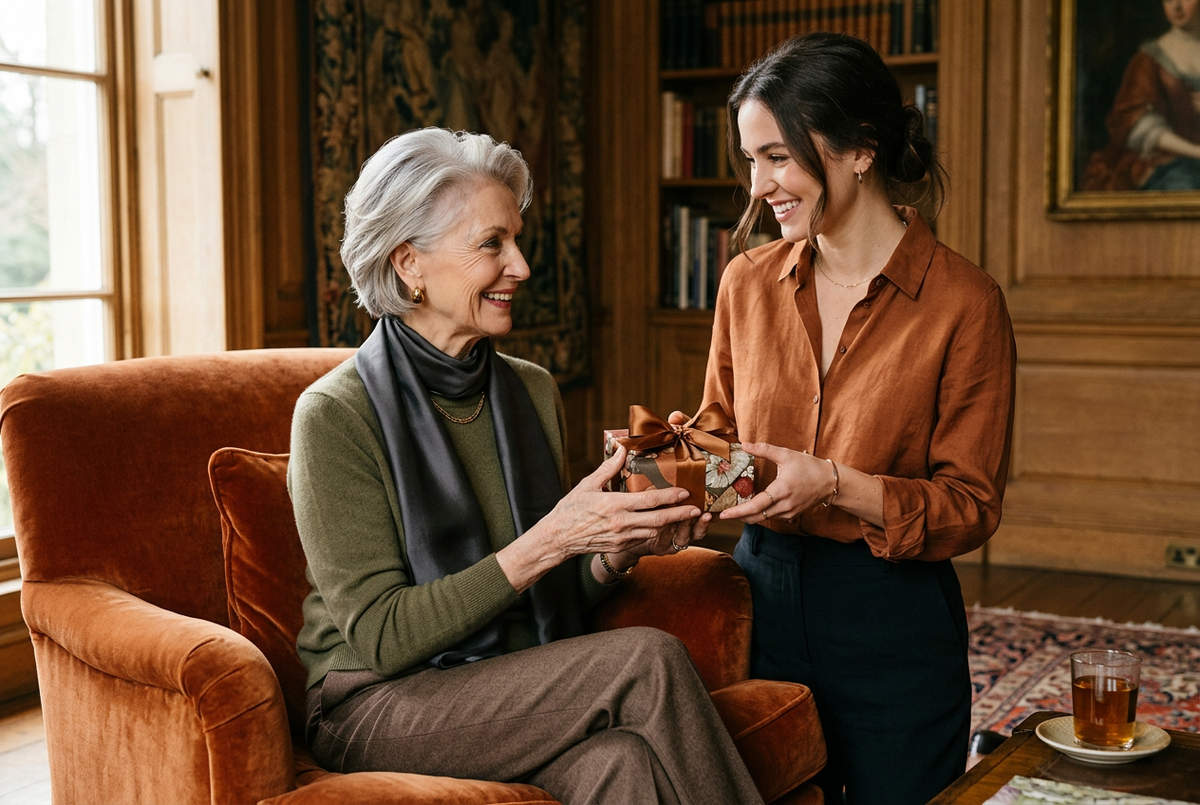 An elegant older woman receiving a beautifully wrapped gift from a younger woman, warm luxurious atmosphere