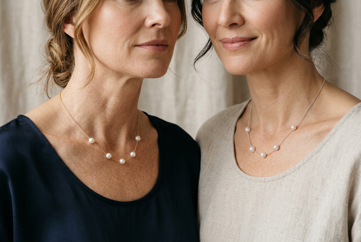 Two women wearing floating pearl necklaces, one in gold and one in sterling silver, showing the difference in warmth and tone between the two metals