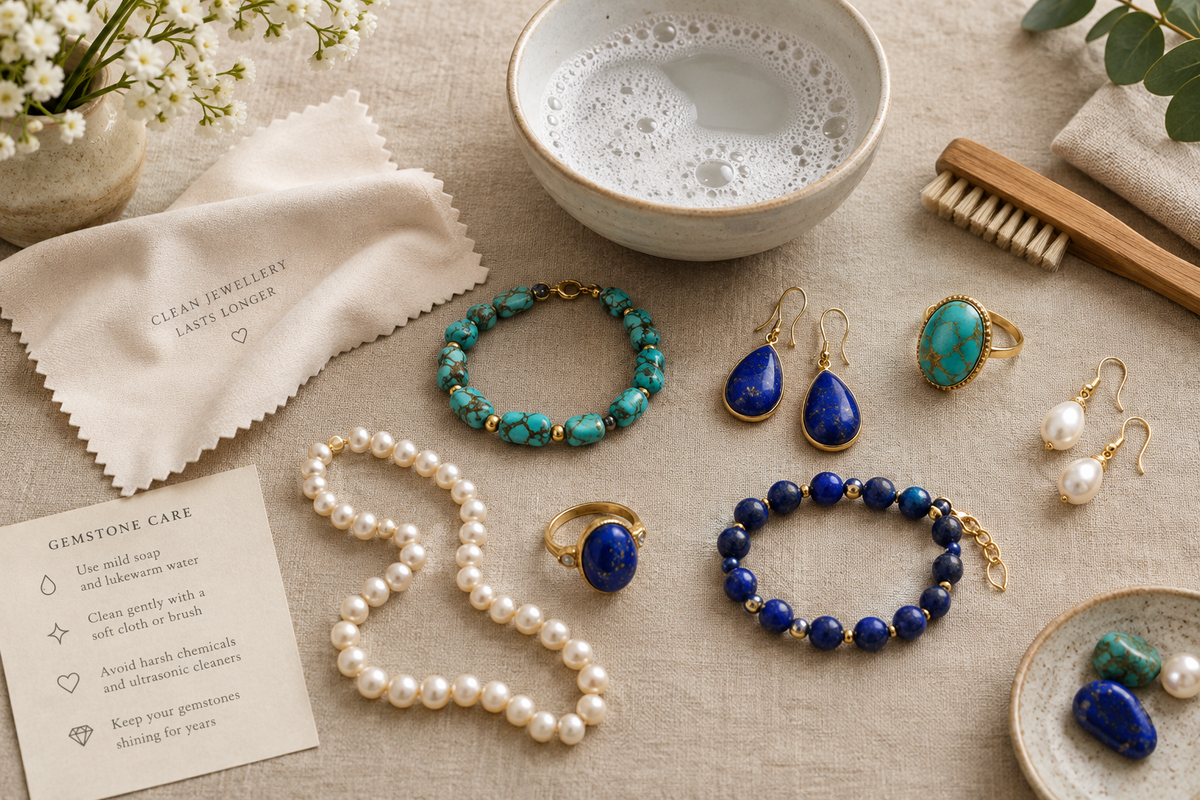 Close-up of gemstone jewellery being gently cleaned with a soft cloth