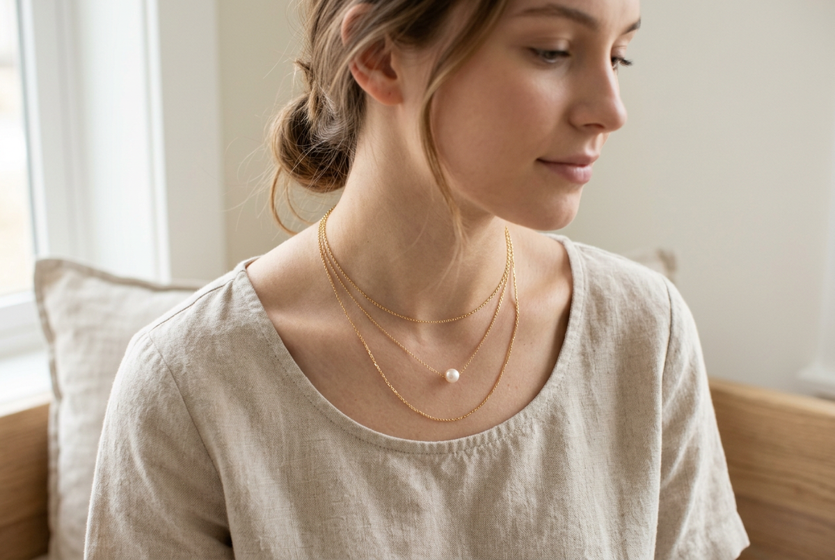 Layered necklaces at different lengths styled on a neckline, including a delicate chain and a small pearl pendant, soft natural light