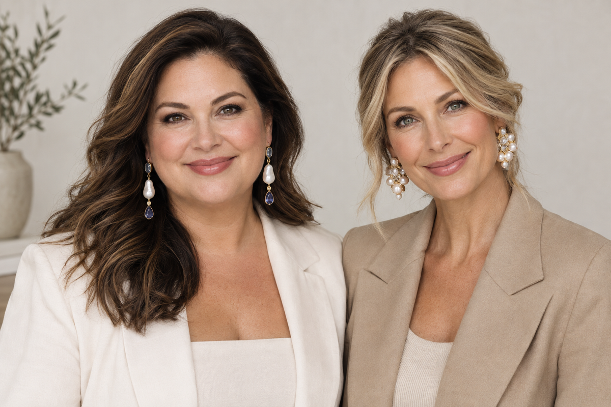 Two women with different face shapes wearing flattering earrings — long drop pearl earrings for a rounder face and wider cluster earrings for a slimmer face