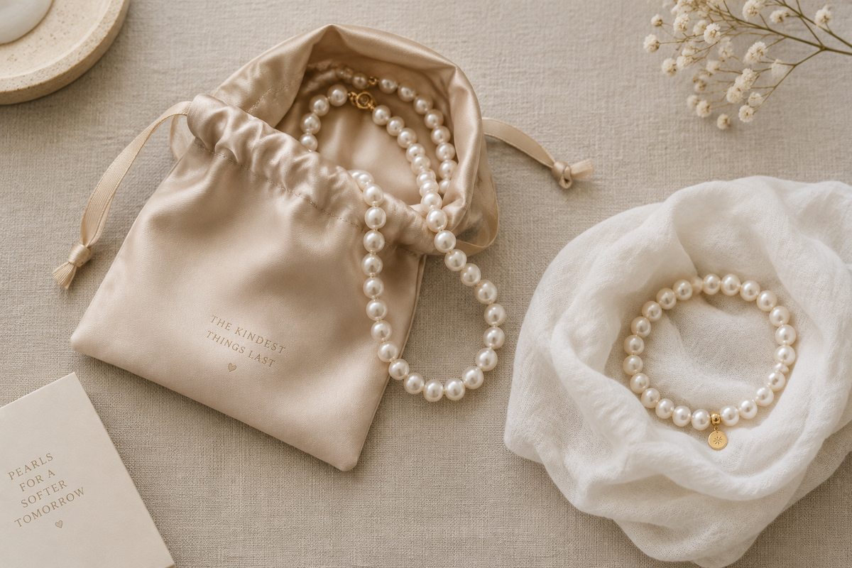 Pearl jewellery stored in a soft pouch and velvet box on a dressing table, gentle natural light