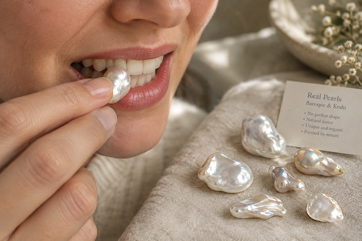 Close-up of a genuine pearl necklace held between fingertips, soft natural light, testing pearl authenticity at home