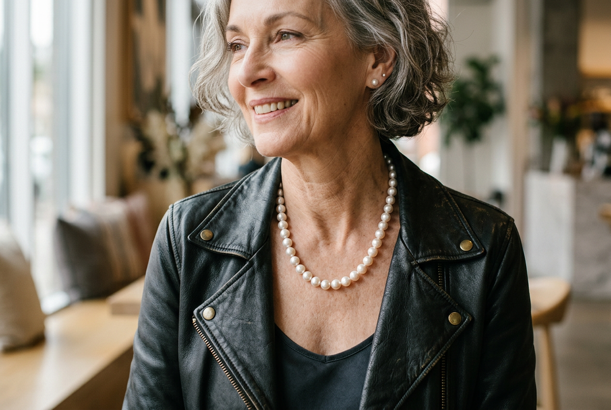 Elegant older woman wearing a pearl necklace with a black leather jacket, soft natural light, modern jewellery styling