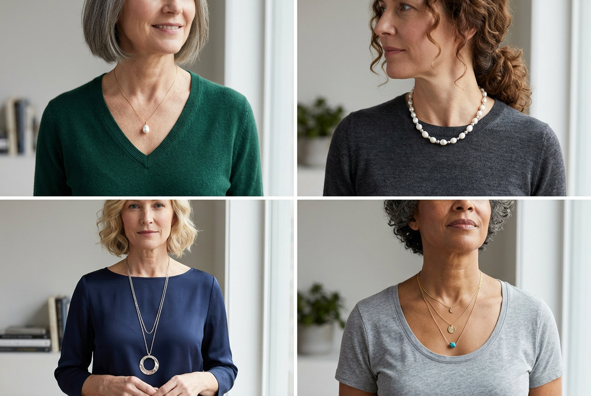 Four neckline styles each paired with an appropriate necklace: a pearl pendant on a V-neck, baroque pearls on a crew neck, a long pendant on a boat neck, and layered chains on a scoop neck