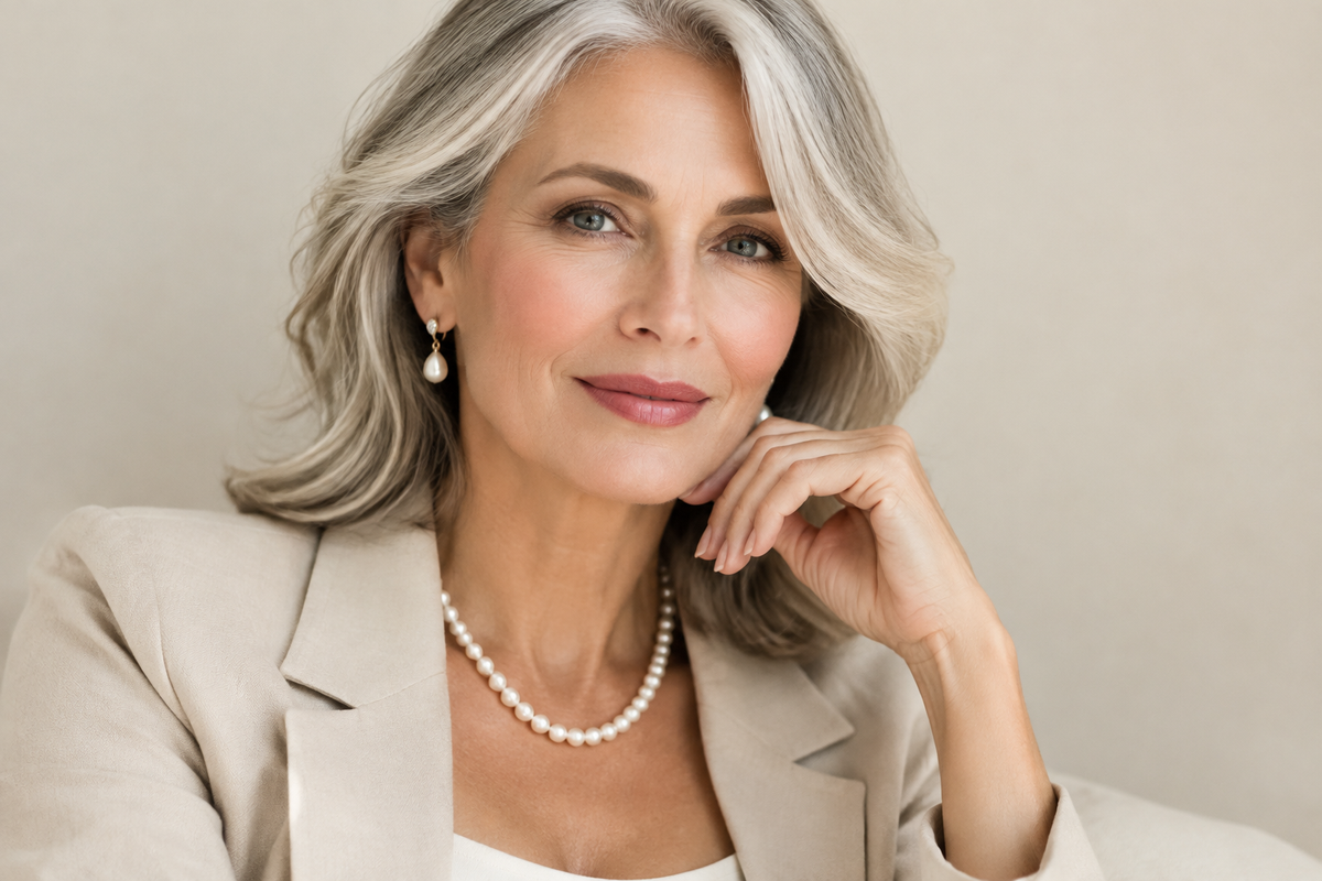 Elegant woman over 50 wearing pearl necklace and drop earrings — brightening jewellery choices that complement a mature complexion