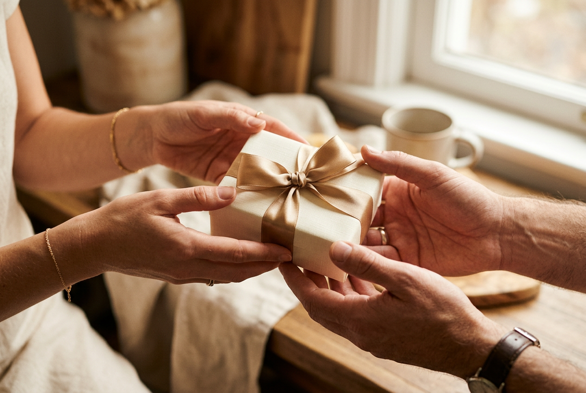 Two pairs of hands passing a small elegantly wrapped gift with satin ribbon, representing the personal gesture of giving a thoughtful jewellery gift