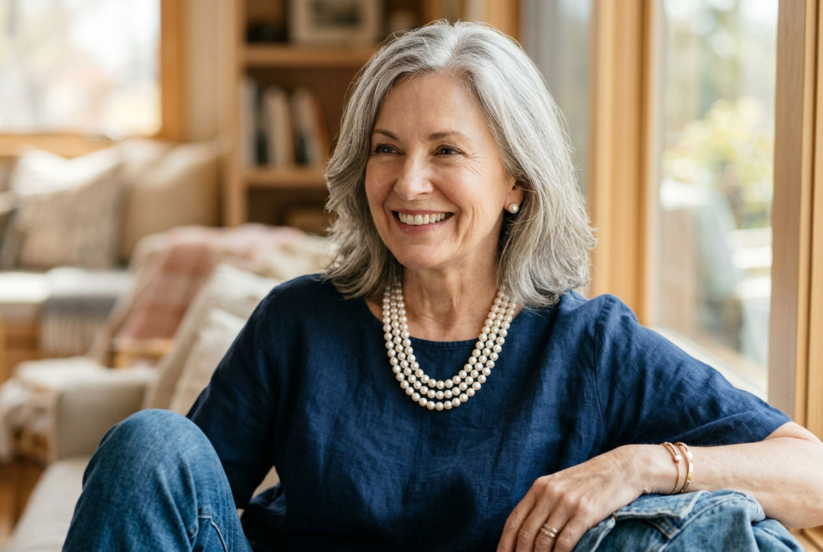 Elegant older woman in casual denim and simple top wearing a pearl necklace and pearl earrings, soft natural light