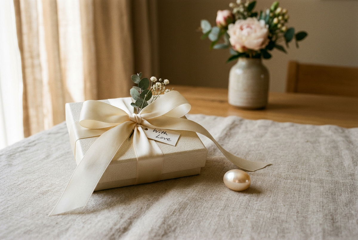 Elegantly gift-wrapped pearl jewellery box with a polished gemstone beside it on linen, suggesting a thoughtful and intentional gift
