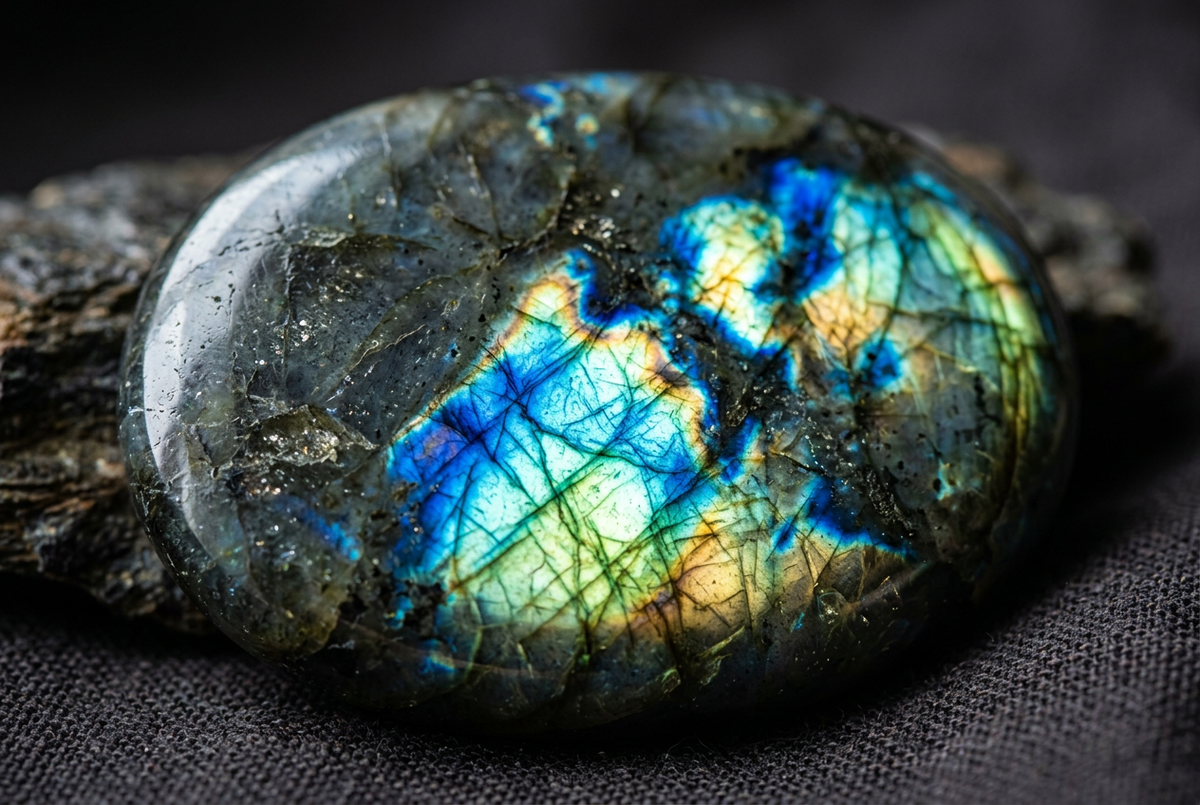 Close-up of labradorite gemstone showing vivid blue and green labradorescence in natural light