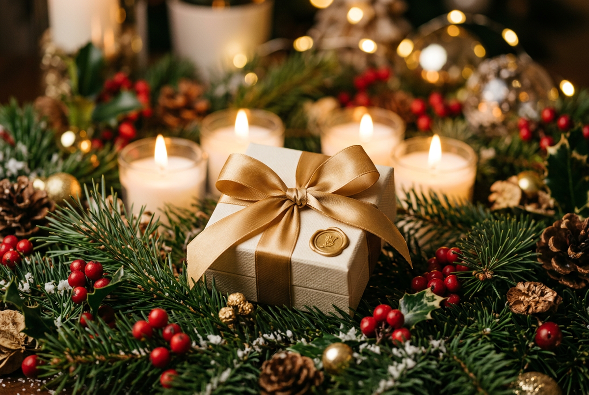 A small jewellery gift box tied with a gold satin ribbon resting among pine branches and red berries by candlelight, evoking the warmth of a thoughtful Christmas gift
