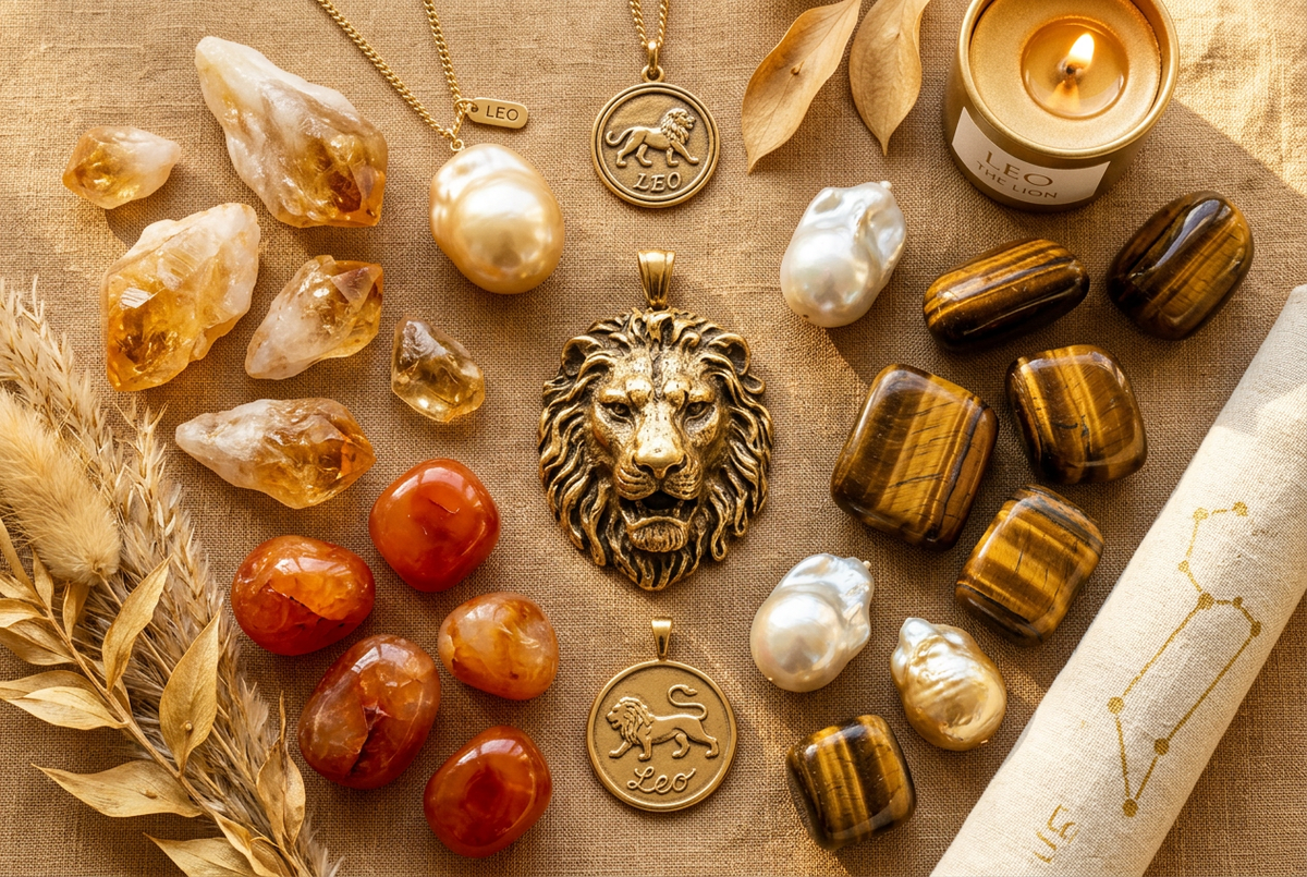 The Leo zodiac lion symbol alongside golden citrine, tiger's eye with silky bands and deep orange carnelian stones with large golden and cream baroque pearls on warm linen, representing the birthstones and jewellery of Leo