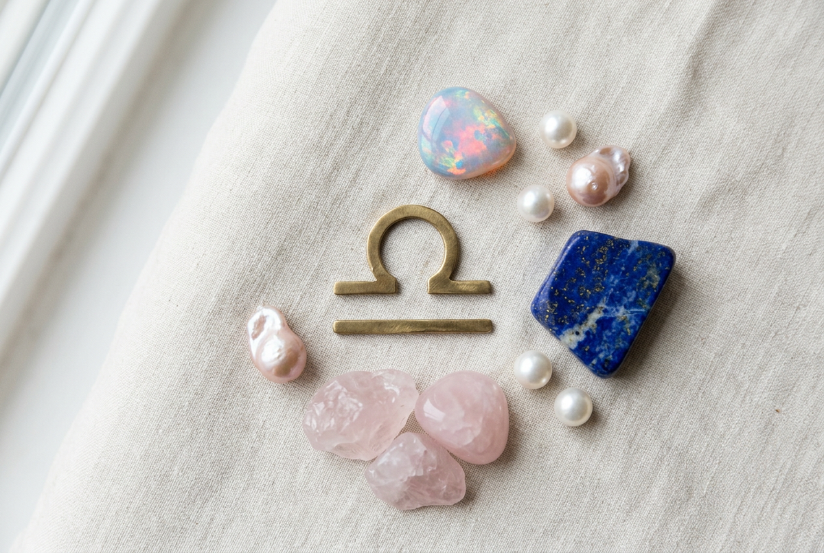 The Libra zodiac scales symbol alongside soft pink rose quartz, deep blue lapis lazuli with golden flecks and a shimmering opal with classic white and pink baroque pearls on soft linen, representing the birthstones and jewellery of Libra