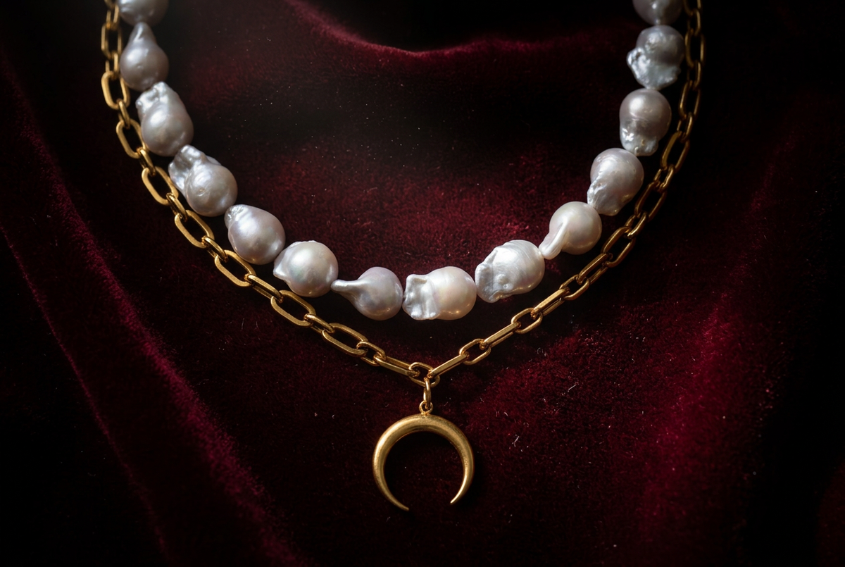 Baroque freshwater pearl necklace lying on dark velvet, dramatic moody lighting, luxury jewellery photography