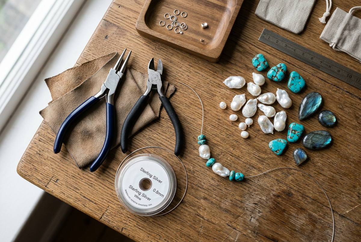 Jewellery-making tools including pliers and wire alongside baroque pearls, turquoise and labradorite stones arranged on a wooden work surface, showing the handmade process behind Pearl Art Nature jewellery