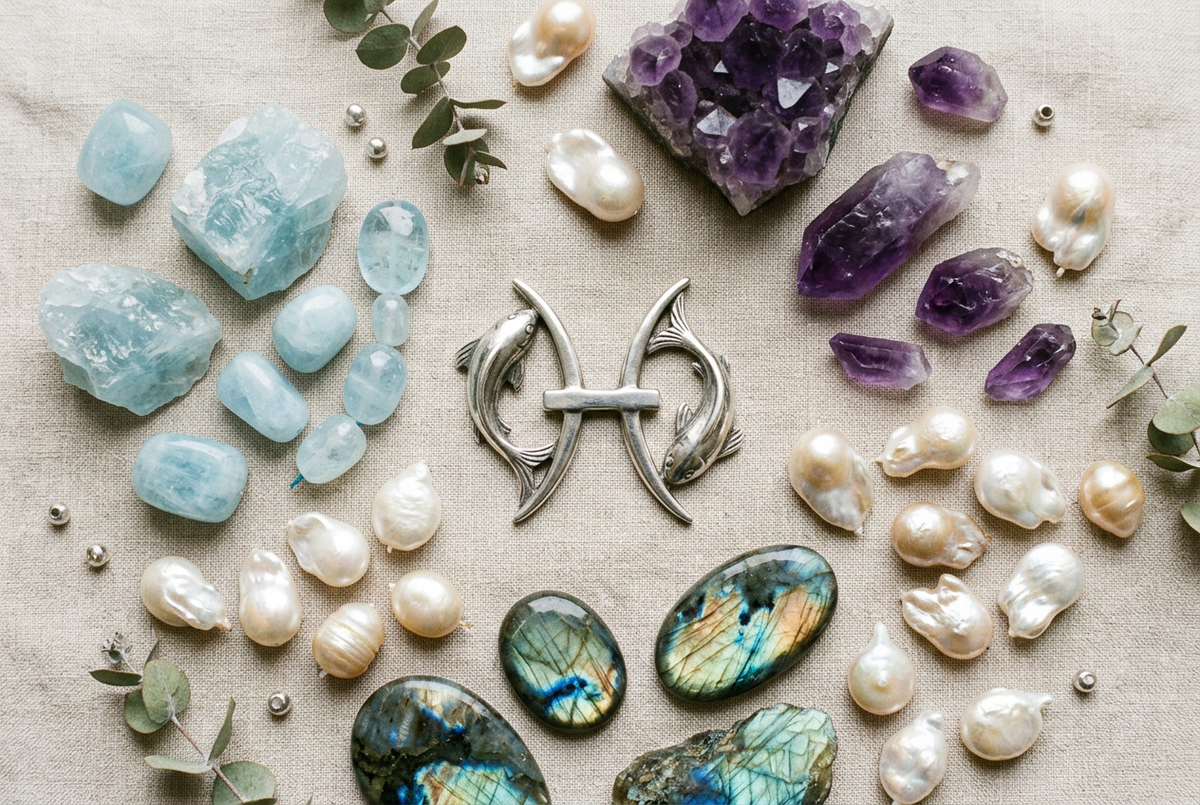 Pisces zodiac two-fish symbol with aquamarine, amethyst, labradorite and baroque pearls on linen, representing the birthstones of Pisces