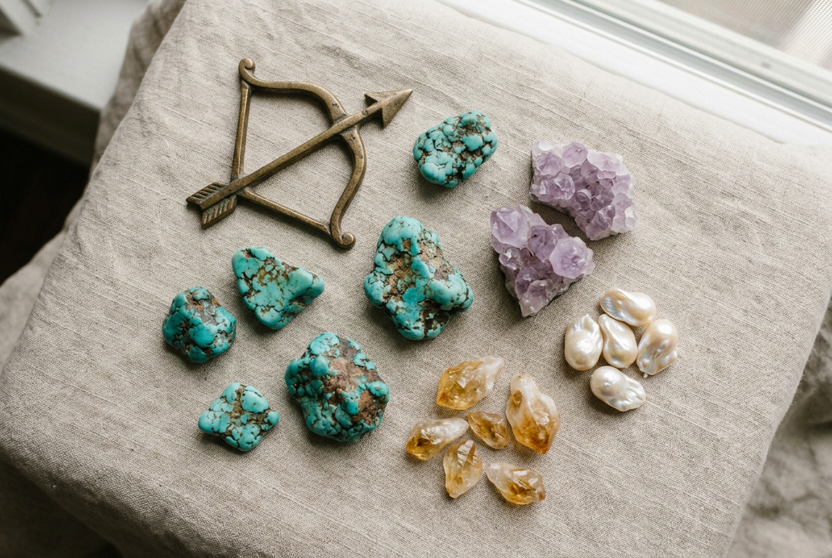 Sagittarius zodiac archer symbol with natural turquoise, amethyst, citrine and baroque pearls on linen, representing the birthstones of Sagittarius