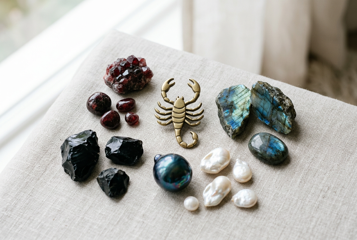 The Scorpio zodiac scorpion symbol alongside deep red garnet, dark obsidian and iridescent labradorite stones with a peacock baroque pearl and cream baroque pearls on soft neutral linen, representing the birthstones and jewellery of Scorpio