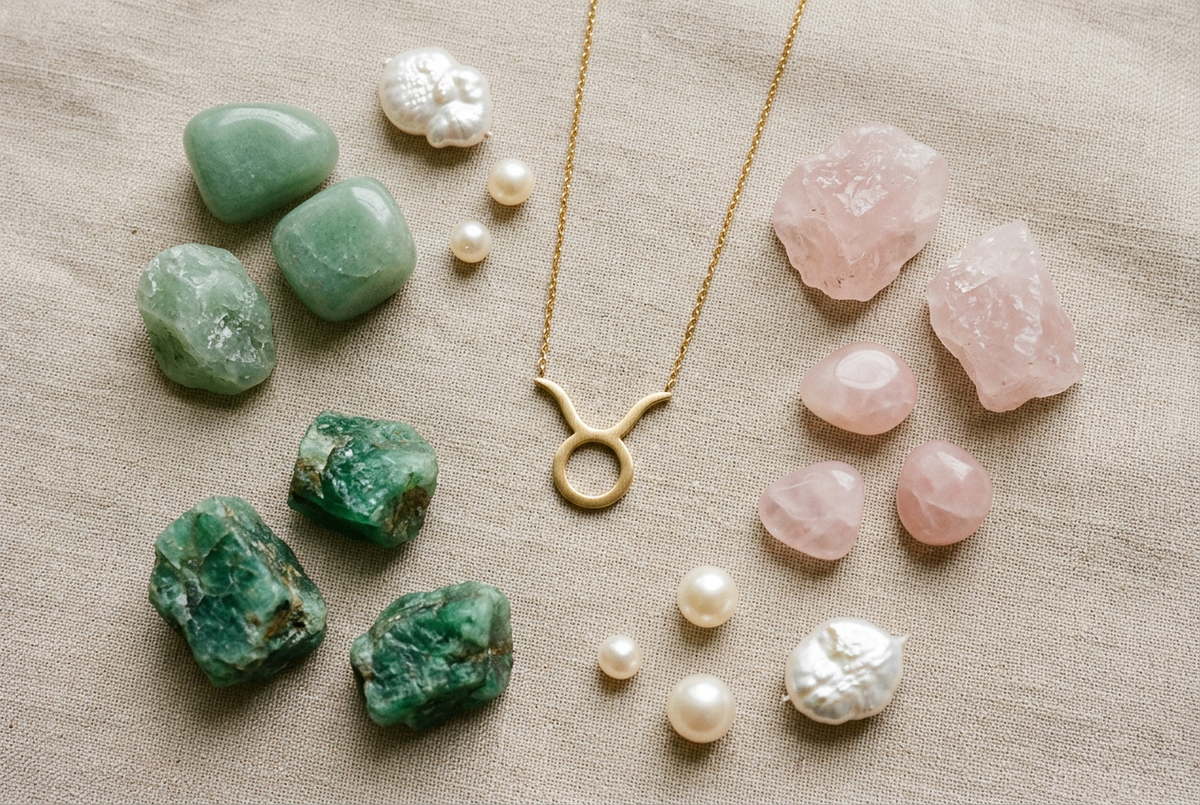The Taurus zodiac bull symbol alongside green aventurine, rose quartz, emerald stones and baroque pearls on soft linen, representing the birthstones and jewellery of Taurus