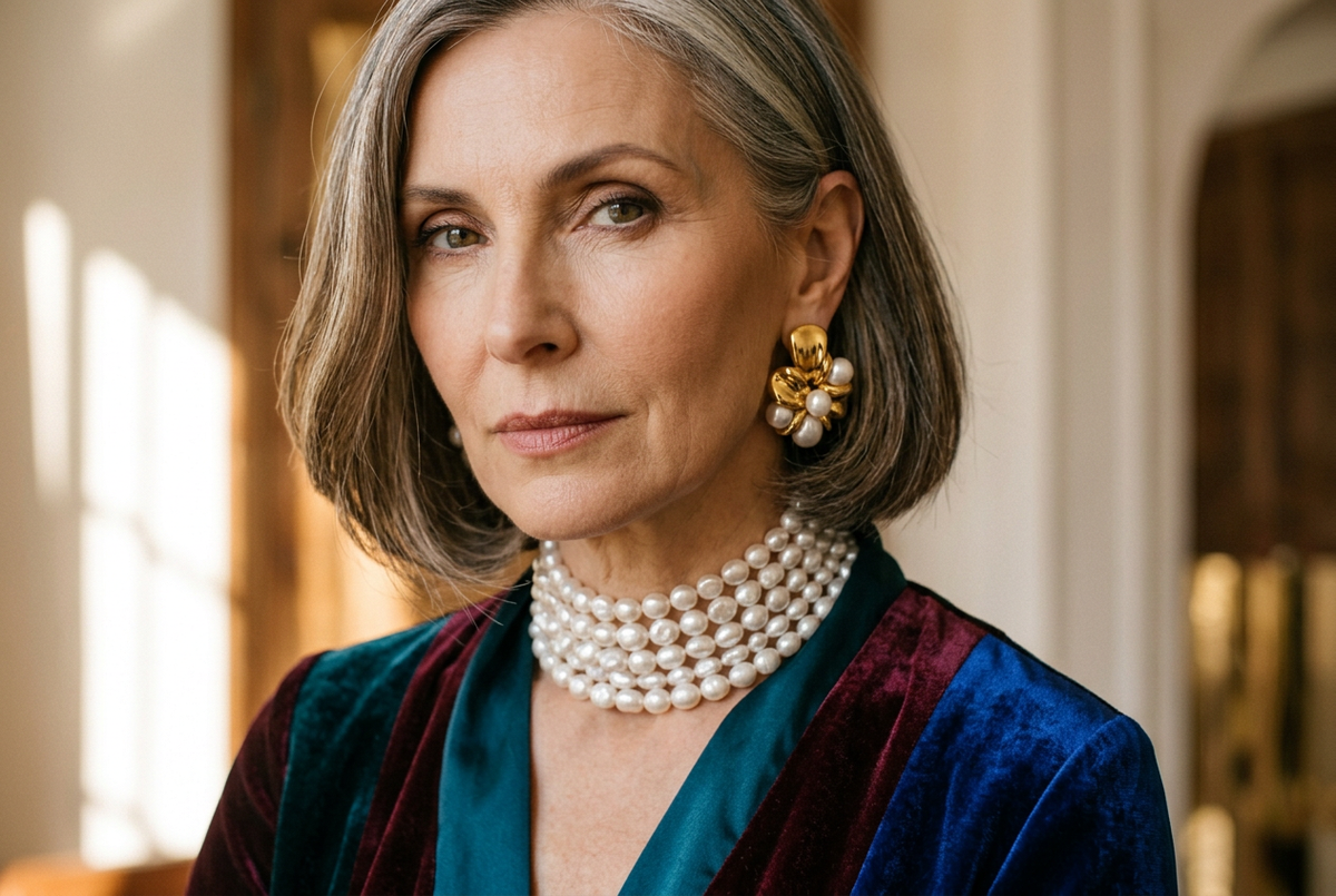 A confident older woman wearing a statement pearl necklace and bold pearl earrings with a vibrant jewel-toned outfit, showcasing how pearl jewellery can suit any style and age