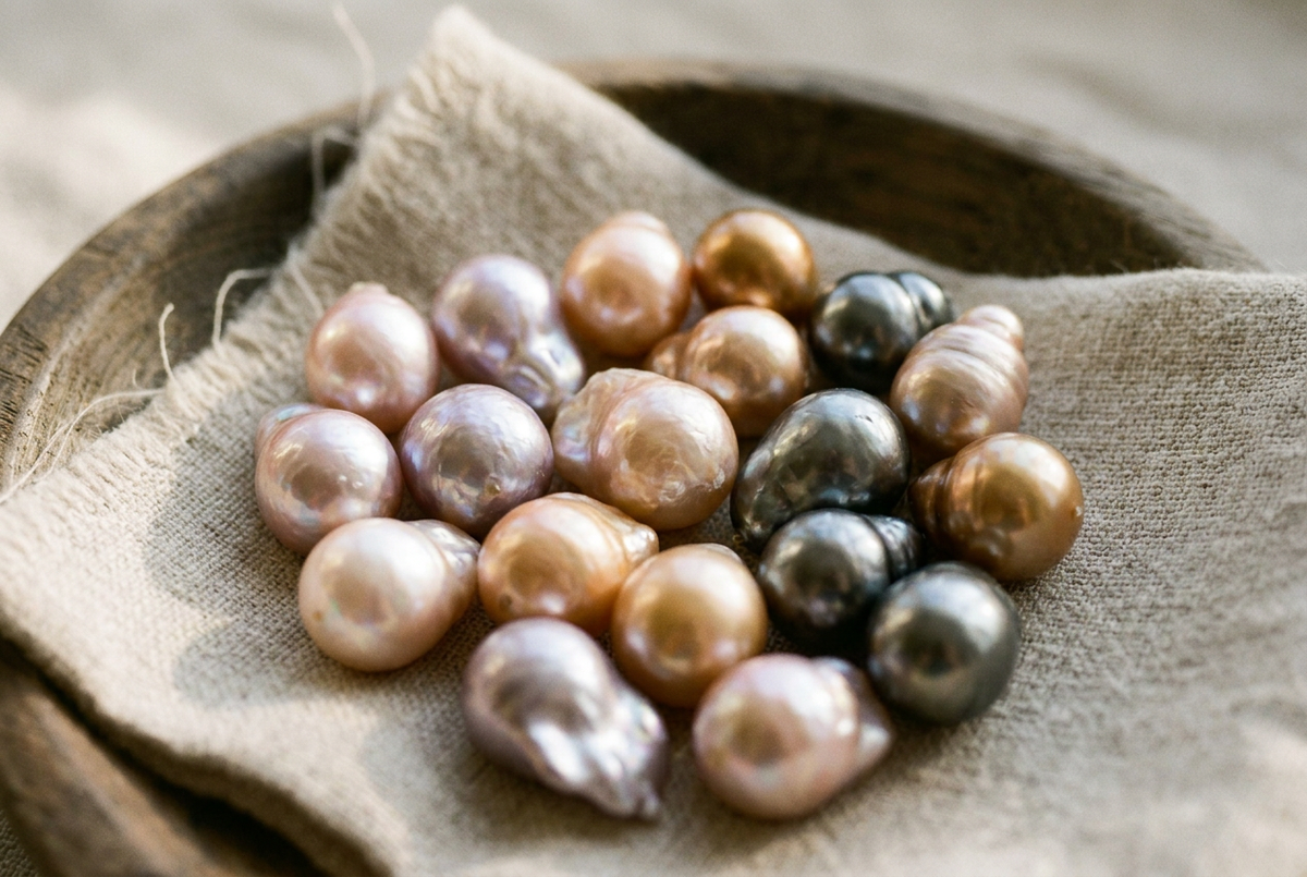 Coloured baroque pearls in soft pink, lavender, peach, gold and grey scattered on linen, showing the natural variety of shapes and hues found in baroque pearl jewellery