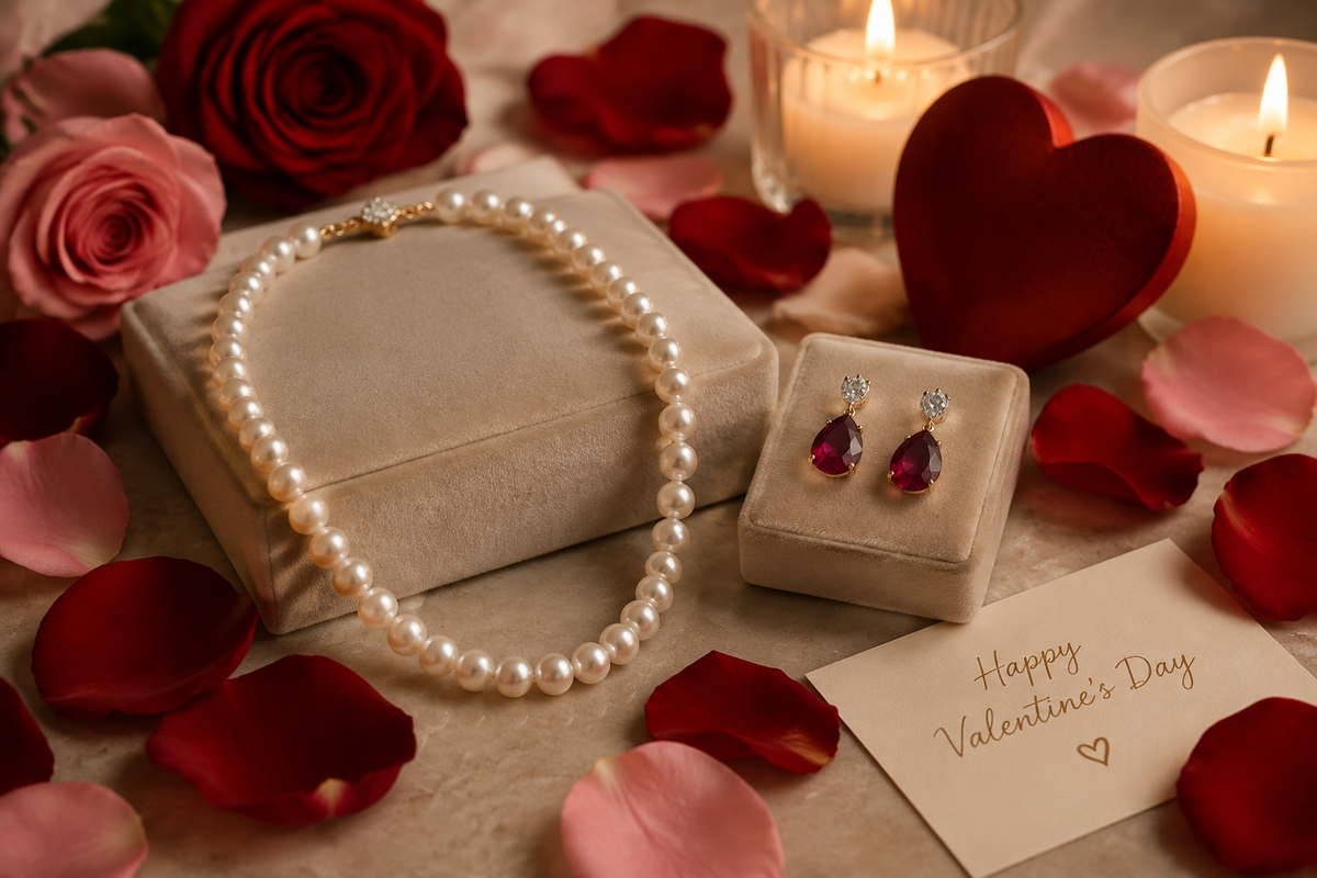 Handmade pearl and gemstone jewellery presented as a Valentine's Day gift, soft romantic styling