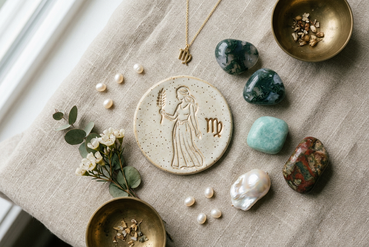The Virgo zodiac maiden symbol alongside moss agate with leafy green inclusions, soft blue-green amazonite and earthy jasper stones with creamy and baroque pearls on neutral linen, representing the birthstones and jewellery of Virgo