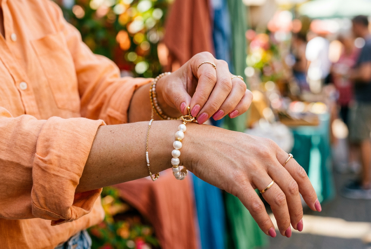 Woman's hands confidently clasping a lustrous pearl bracelet, bright natural daylight, lively and modern jewellery styling