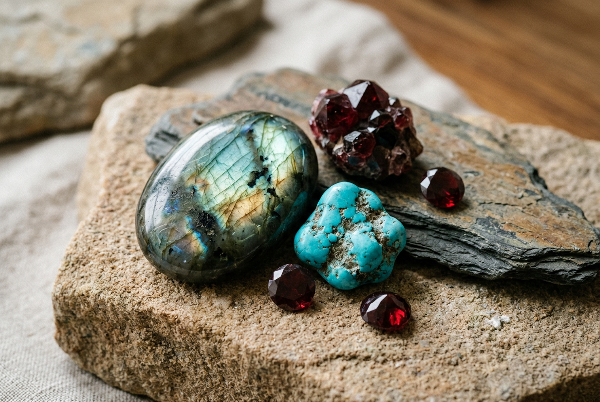 Close-up of labradorite, turquoise and garnet natural gemstones arranged together in soft diffused light