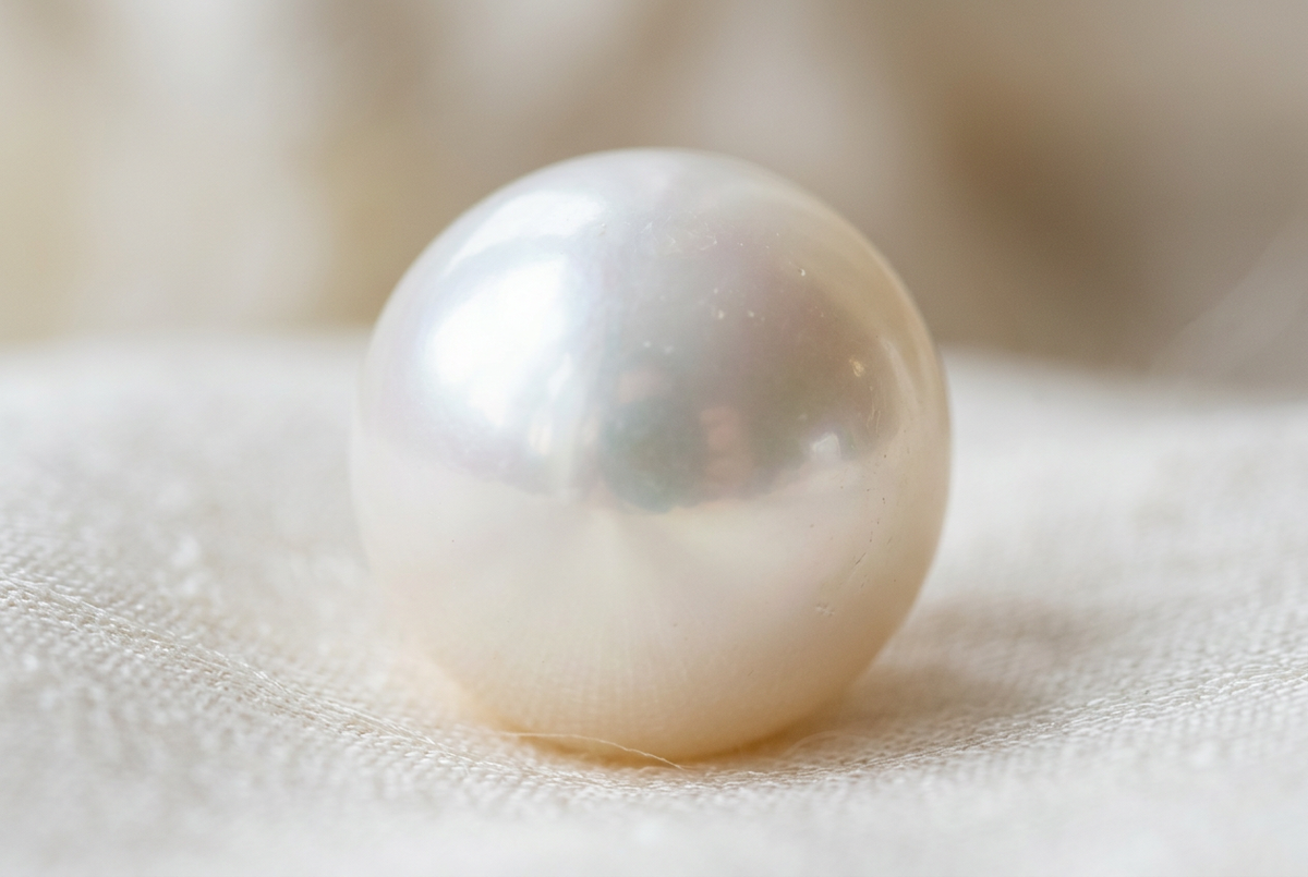 Close-up of a single lustrous cultured pearl in soft natural light, showing its inner glow and surface detail
