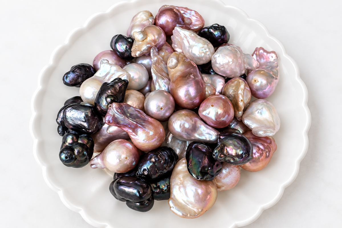 Collection of loose baroque freshwater pearls on a white scalloped plate — showing a variety of unique irregular shapes and colours including black, charcoal, lavender, mauve and white