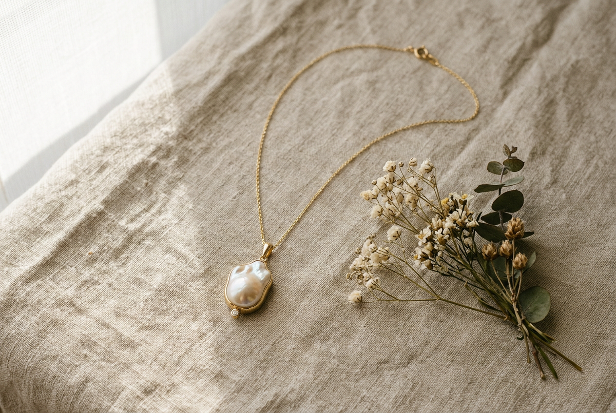 Baroque pearl pendant necklace lying on soft linen with dried botanicals, warm natural side light