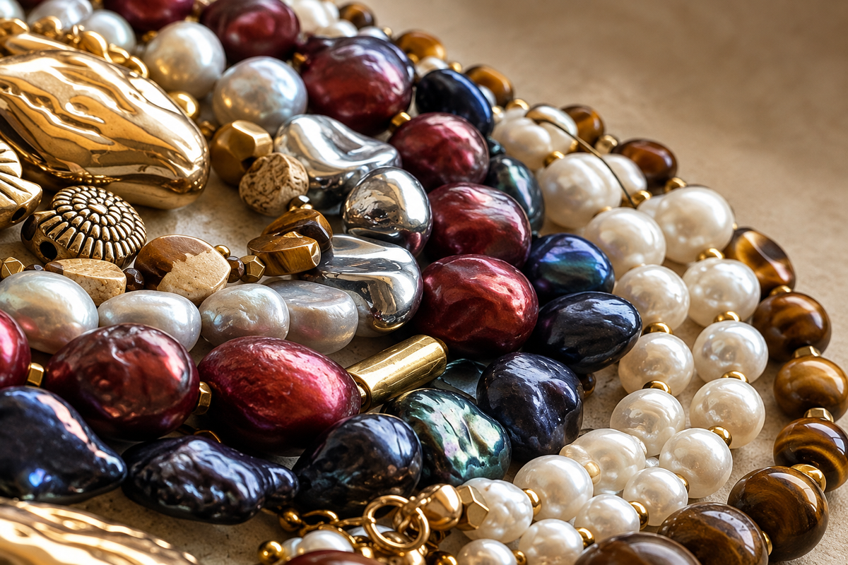 Layered baroque freshwater pearl necklaces in deep burgundy, navy, grey and white with tiger's eye beads and gold accents — showcasing the unique organic beauty of irregular pearls