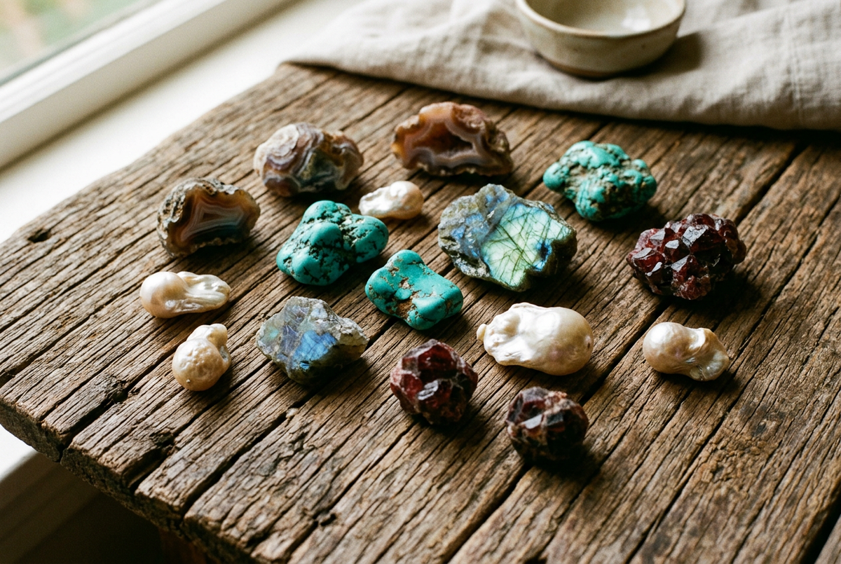 Raw natural gemstones and baroque pearls scattered on a weathered wooden table, including turquoise, labradorite, garnet and agate, showcasing the natural materials used in Pearl Art Nature jewellery